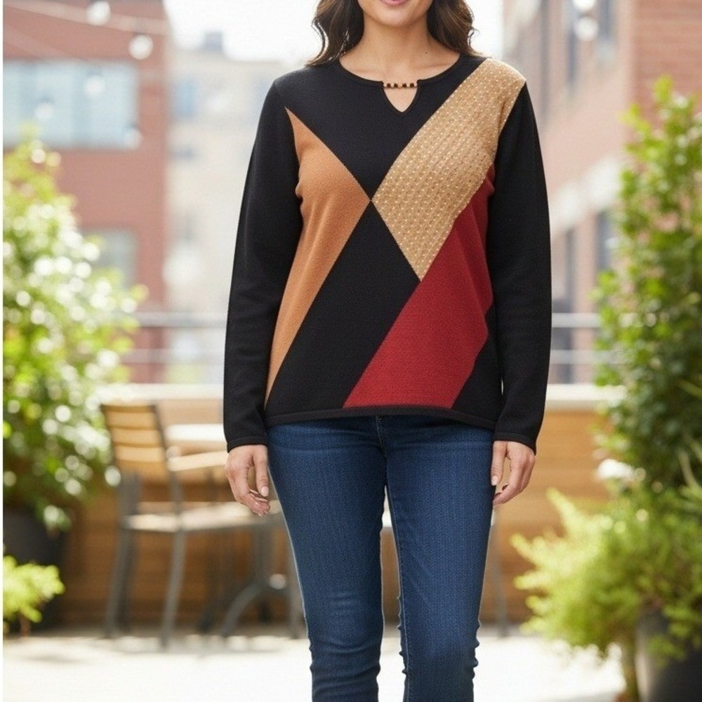 Alfred Dunner Catwalk Colorblock Beaded Keyhole Sweater Black Red‎ Tan Womens M